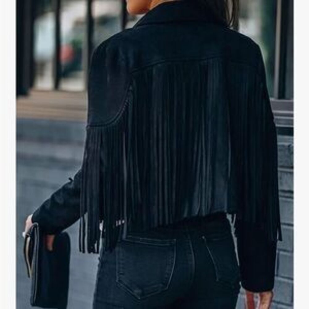 Black Fringe Women's Jacket faux suede blazer - Picture 3 of 5